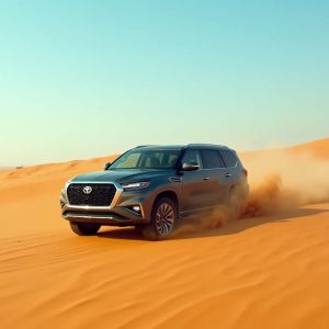 A car driving in a desert landscape, highlighting the importance of GCC specs for the local climate.